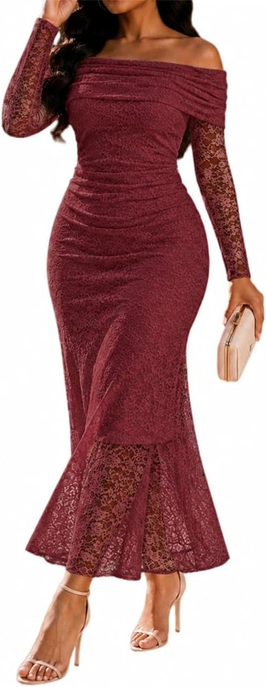 Women Off the Shoulder Party Formal Wedding Guest Maxi Lace Ruched Dress | Amazon (US)