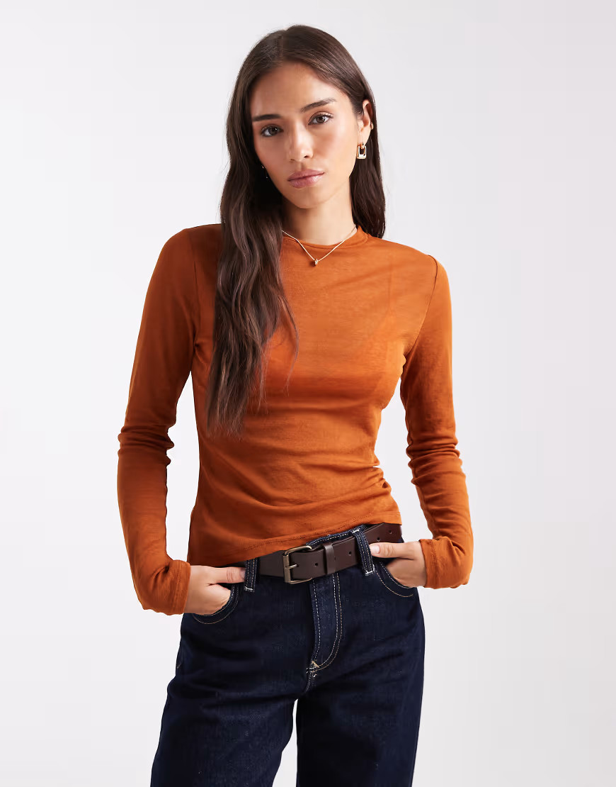 ASOS DESIGN sheer second skin gauzy mesh long sleeve top in rust-Orange | ASOS (Global)