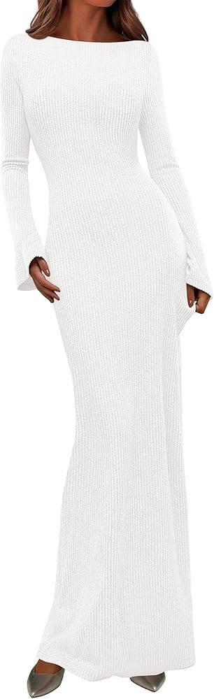 PRETTYGARDEN Women's Fall Fashion 2026 Long Sleeve Maxi Dress Ribbed Knit Boat Neck Bodycon Casua... | Amazon (US)