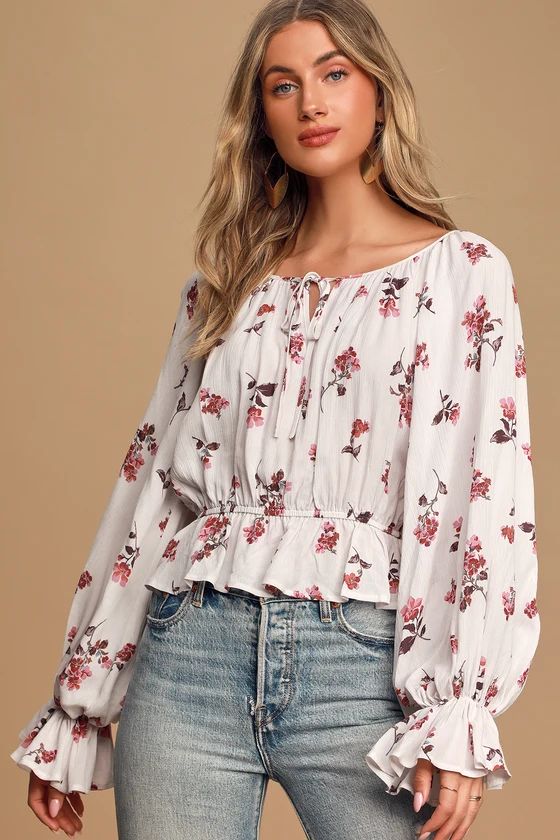 Get Growing White Floral Print Ruffled Long Sleeve Top | Lulus (US)