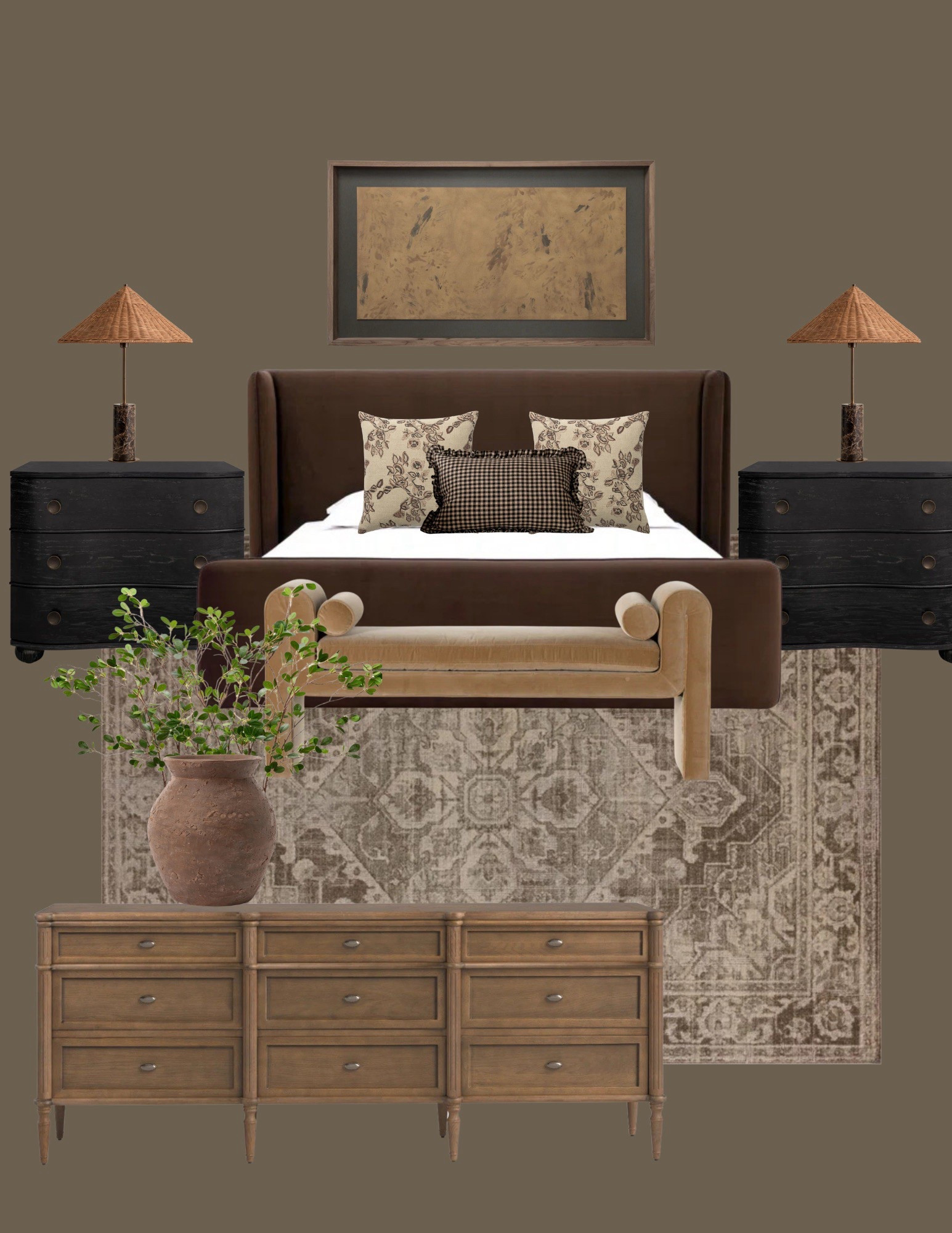 Another moody bedroom option! Bed, rug, bench, dresser, nightstand, lamp, art 

#LTKU #LTKHome #LTKSaleAlert