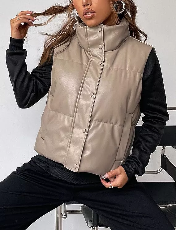 UANEO Womens PU Leather Cropped Puffer Vest Winter Faux Leather Zip Up  Sleeveless Jacket at  Women's Coats Shop