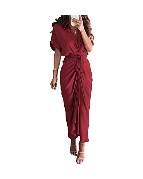 Amazon.com: Work Dress for Woman Office Short Sleeve Button Down Ruched Belted Long Satin Dress O... | Amazon (US)
