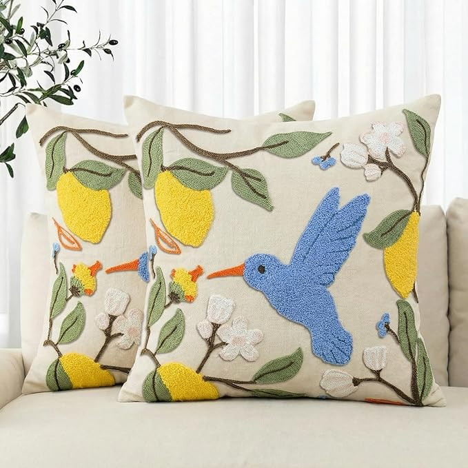 AVOIN colorlife Hummingbird Floral Lemon Embroidered Throw Pillow Covers, 18 x 18 Inch Holiday Sp... | Amazon (US)