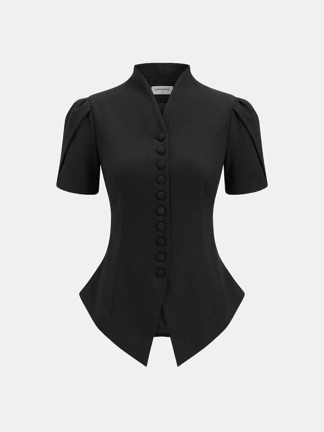 Short Sleeve Stand Collar Buttoned Slim Blouse | Commense