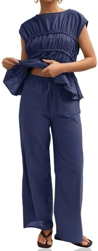 Tankaneo Womens 2 Piece Outfits Pleated Cap Sleeve Babydoll Blouse Wide Leg Pants Cotton Travel V... | Amazon (US)