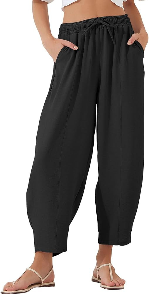 EVALESS Women's Summer High Waisted Baggy Pants Casual Ankle Length Trouser Slacks with Pockets | Amazon (US)