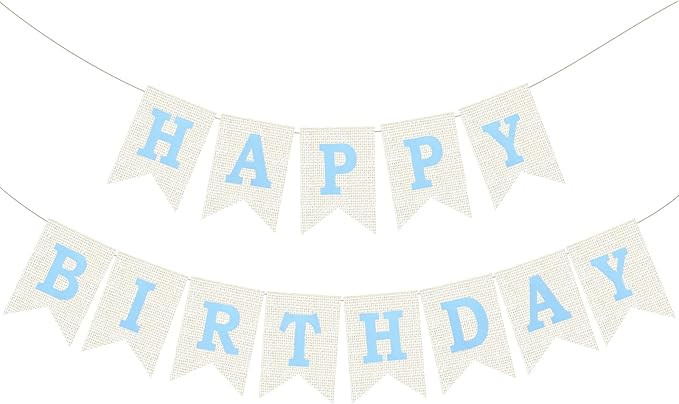 Burlap Happy Birthday Banner, Blue Assembled Happy Birthday Banner Sign Garland for Boys Girls Ru... | Amazon (US)