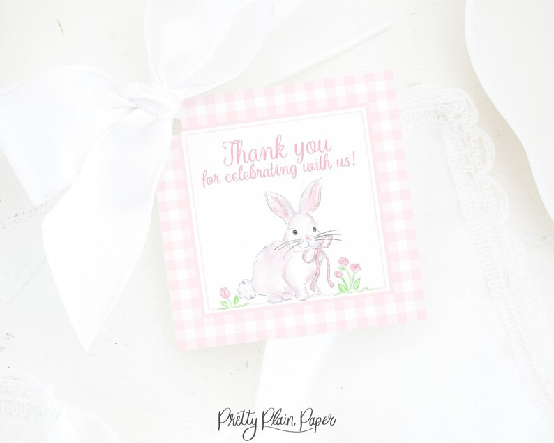 Favor Tag | 3.5x3.5 Printable | Watercolor Pink Bunny with Gingham Border & Bow | Baby Shower | B... | Etsy (US)