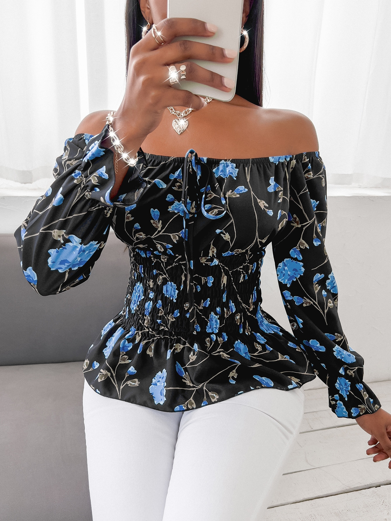 SHEIN SXY Floral Print Knot Front Shirred Blouse | SHEIN