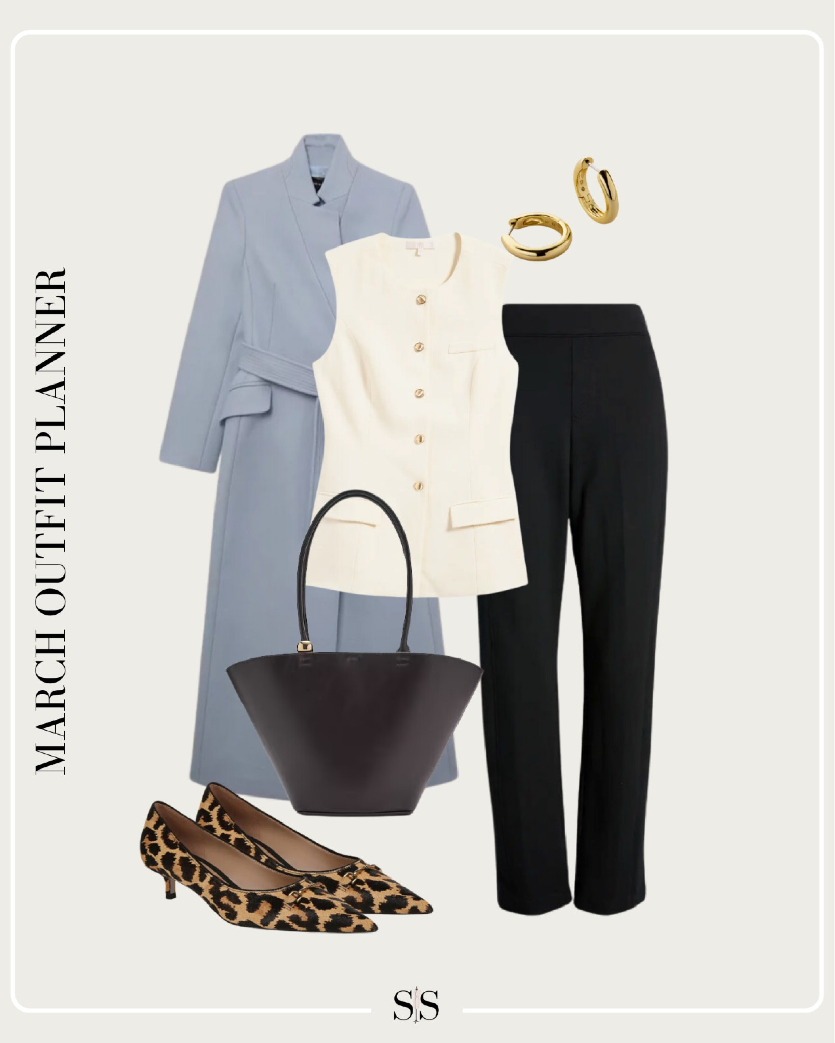 Monthly outfit planner MARCH: Winter to Spring transitional looks | tailored vest, trousers, leopard pointed toe heels, tote shopper bag, blue longcoat

#workwear #weartowork #officeoutfit 

#LTKStyleTip #LTKWorkwear