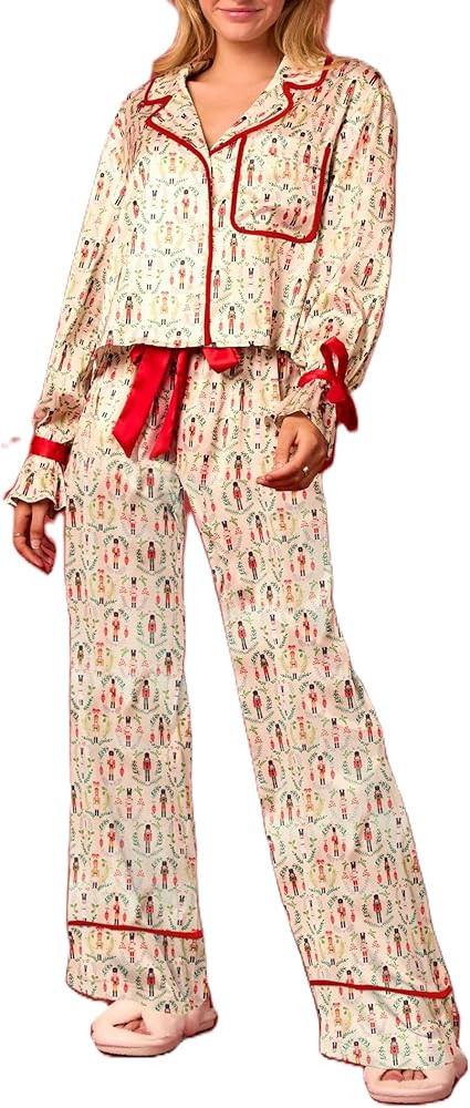 Sastianaen Satin Christmas Pajama Set for Women Silk Bow Tie Long Sleeve Shirt and Pants 2 Piece ... | Amazon (US)