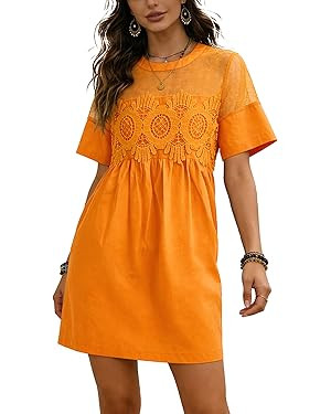 Womens Babydoll Mini Dress Short Sleeve Crewneck Lace Patchwork Mesh Summer Swing Dress with Pock... | Amazon (US)