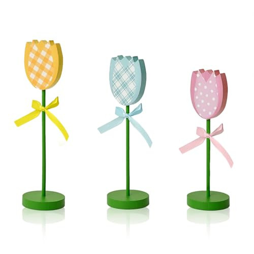 Smile 3Pcs Spring Tulip Wooden Signs - Rustic Farmhouse Floral Tabletop Insert Decor, Colorful Plaid Floral Block Tabletop Plaques for Home Decor | Amazon (US)