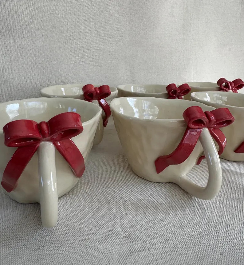 Handmade Ceramic Mug With Bow Pottery Cup Feminine Stoneware Gift for Her Red Bow Hand Pinched Dr... | Etsy (US)