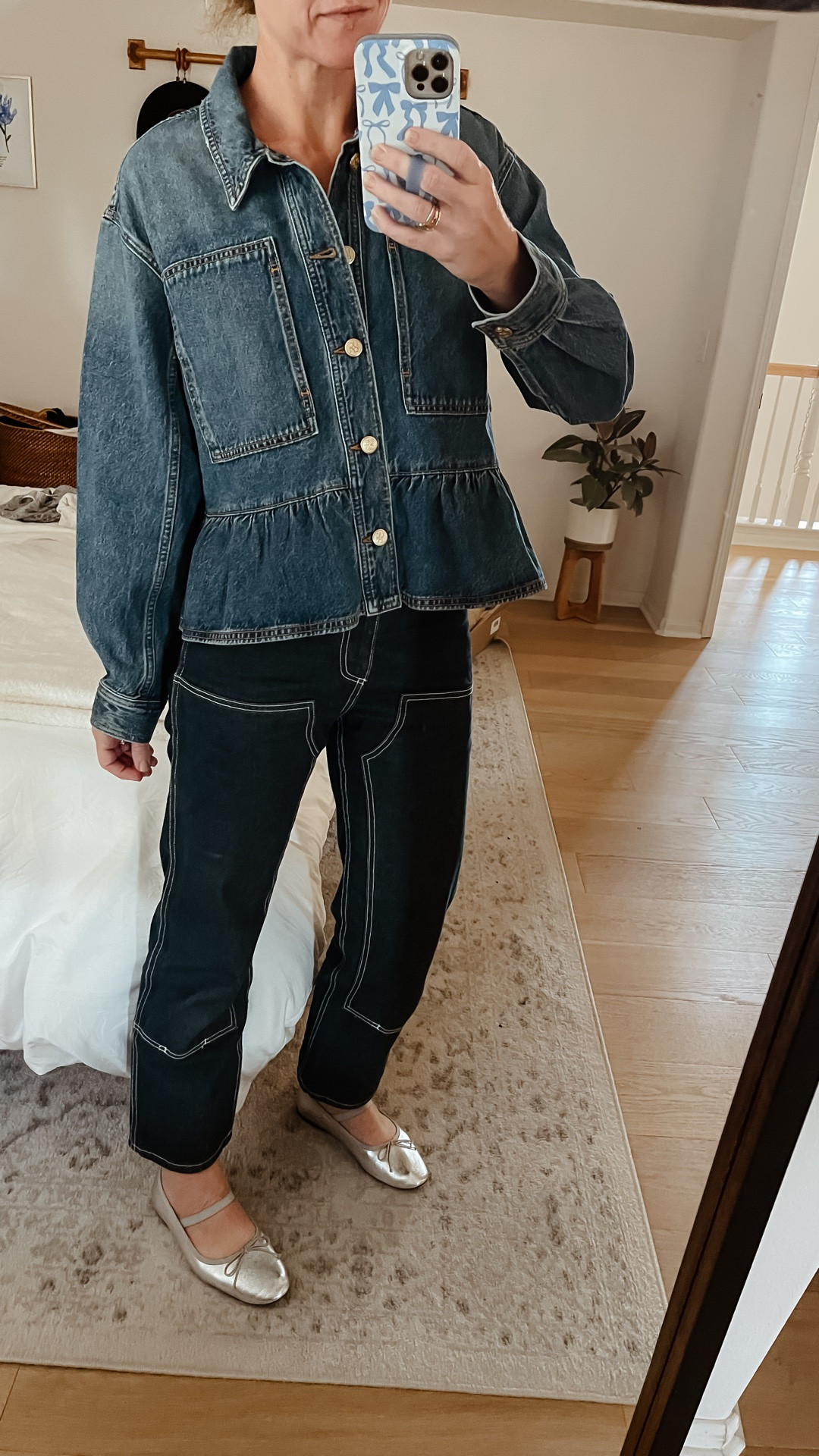 You know me and peplum! I wanted to love this denim jacket but it just missed the mark for me. It’s a little too boxy for my frame. The next size down is sold out, I’m in the small. It is a pretty true blue denim and well-made. I will say it’s in between a jacket and denim shirt in thickness, so definitely meant to be worn as a top or over light layers.