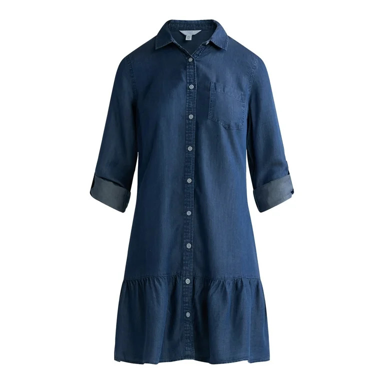 Time and Tru Women's and Women’s Plus Tiered Mini Shirtdress with Long Sleeves, Sizes XS-3XL | Walmart (US)