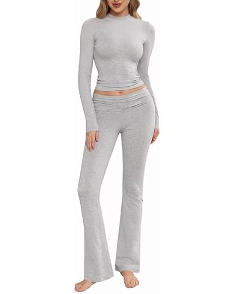 AnotherChill Women's 2 Piece Lounge Sets Fold-over Flare Pants Set Long Sleeve Cropped Top Casual... | Amazon (US)