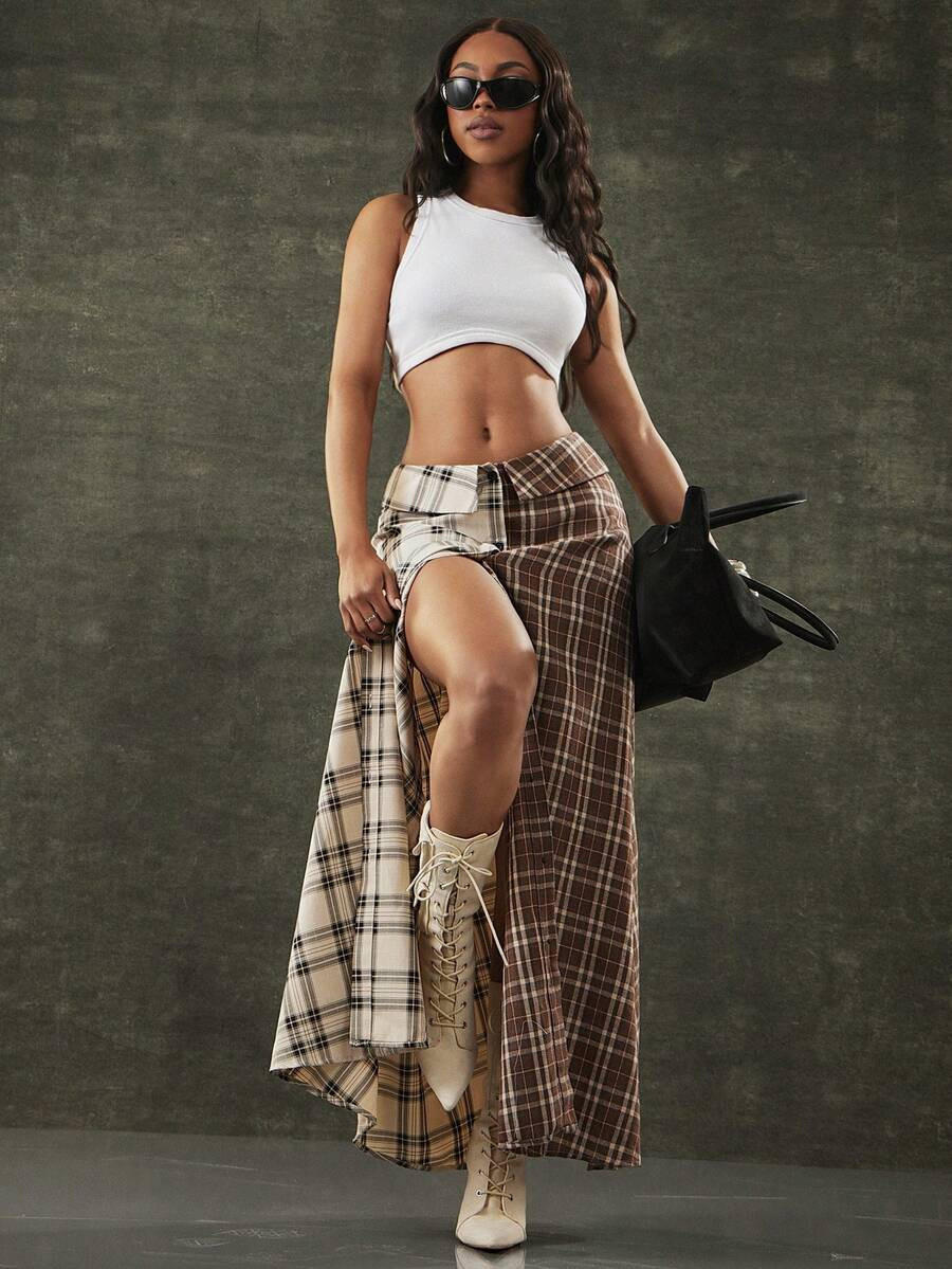 Denimoi Mixed Plaid Button Front Skirt Fashionable Streetwear Fold Over Skirt | SHEIN