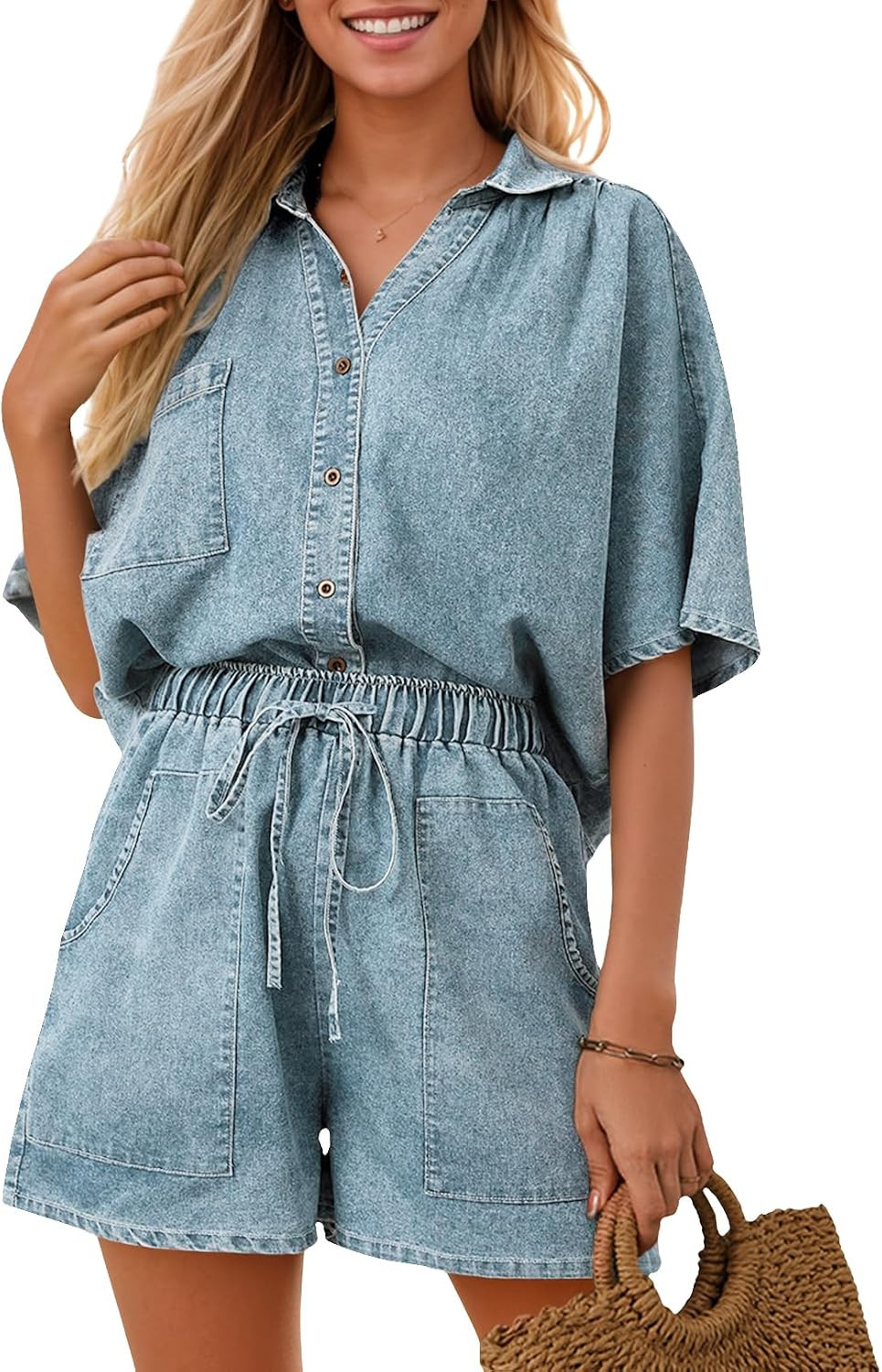 Zilcremo Womens 2 Piece Outfits Summer Short Sleeve Denim Sets | Amazon (US)