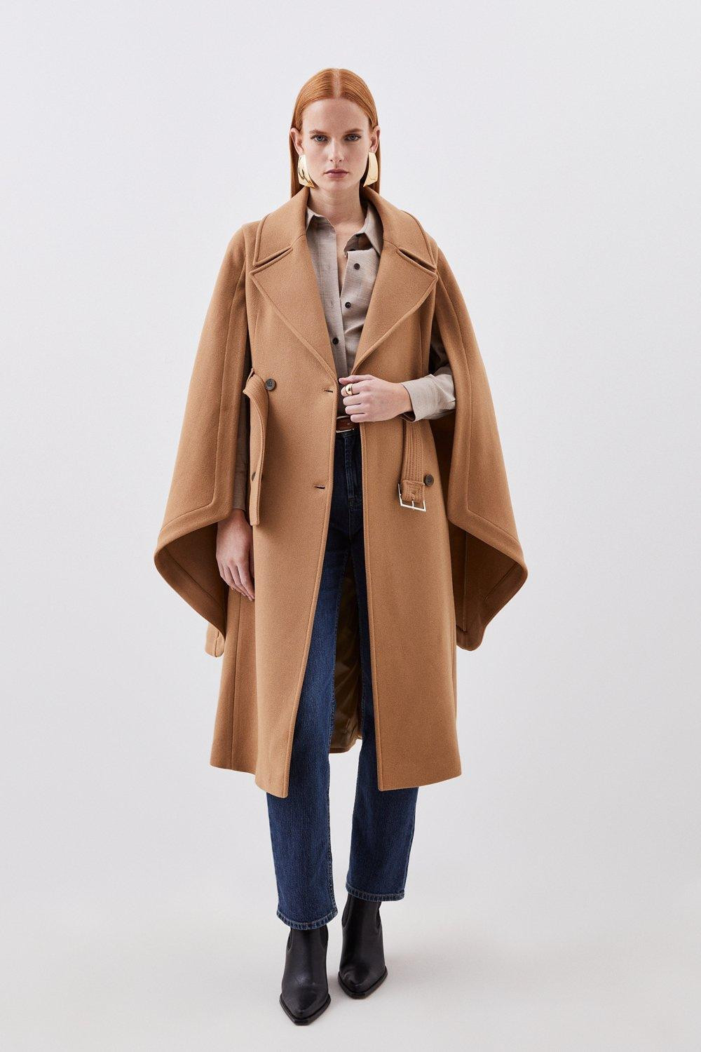 Italian Wool Blend Cape Sleeve Belted Coat | Karen Millen US