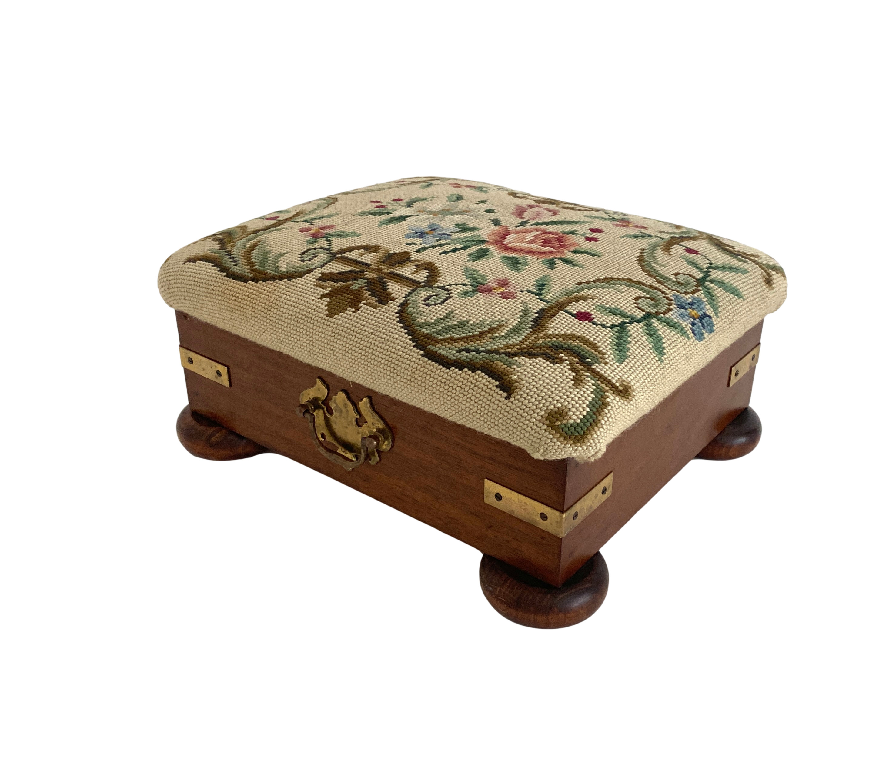 English Needlepoint/ Mahogany Foot Stool - Beige | One Kings Lane