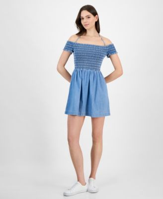 Tommy Jeans Women's Cotton Smocked-Bodice Fit & Flare Dress - Macy's | Macy's