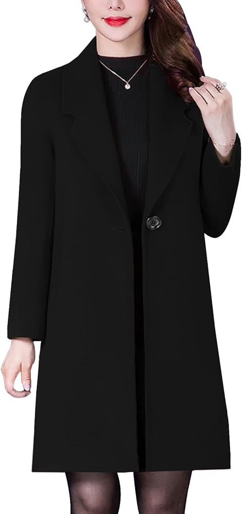 Aprsfn Women's Winter Wool Coats Long Sleeve One Buttoned Pea Coats Notched Lapel Jackets Mid-Len... | Amazon (US)