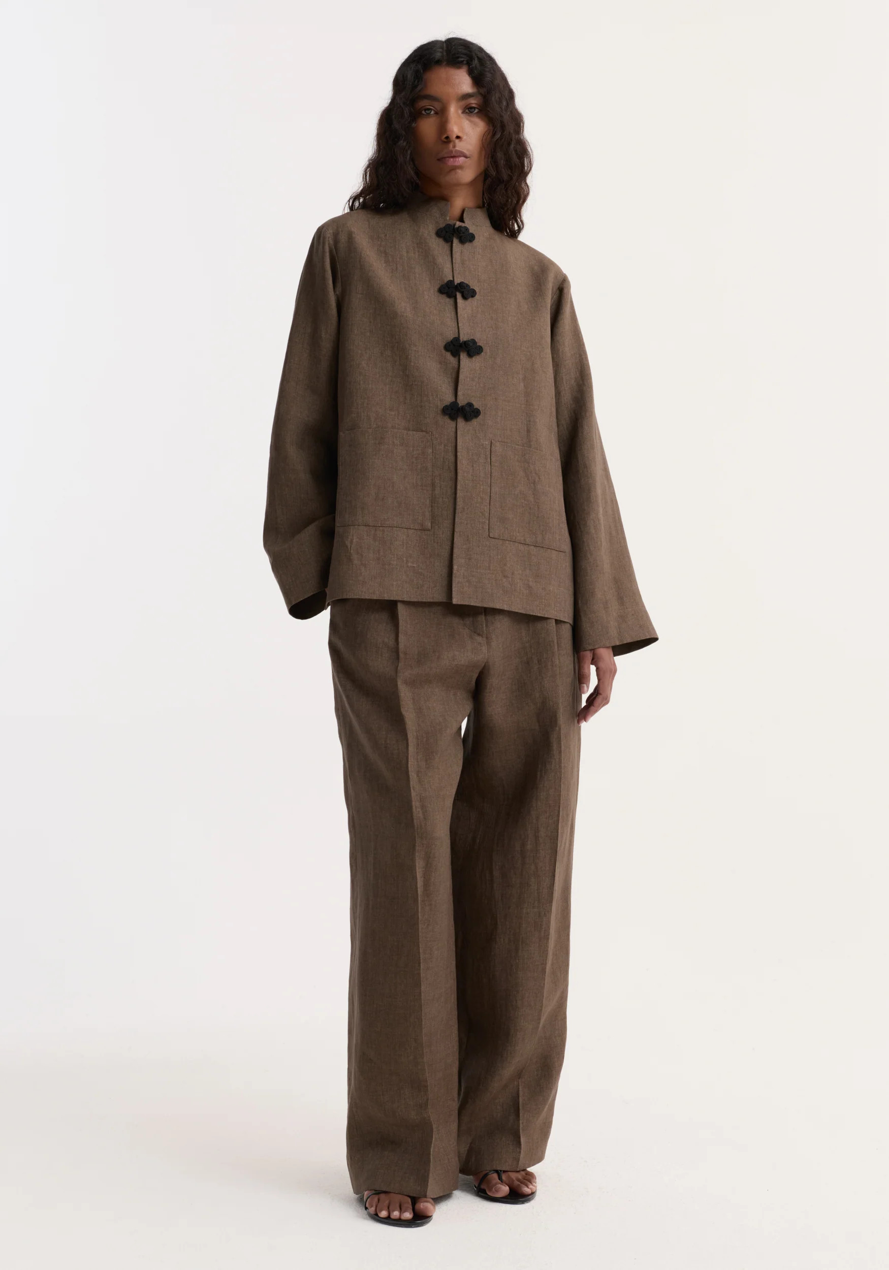 Pankou closure linen jacket | brown melange | Rohe