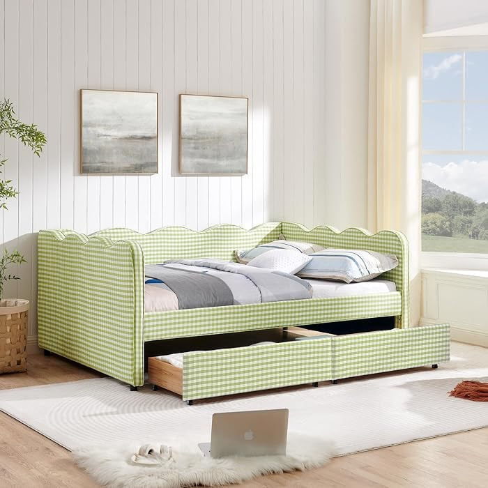 Full Size Upholstered Daybed with 2 Storage Drawers, Gingham Daybed with USB Ports for Bedroom Li... | Amazon (US)