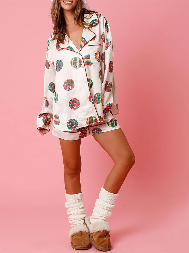 Alyweatry Women Christmas 2 Piece Pajama Set Cute Print Long Sleeve Button Down Shirt Elastic Sho... | Amazon (US)
