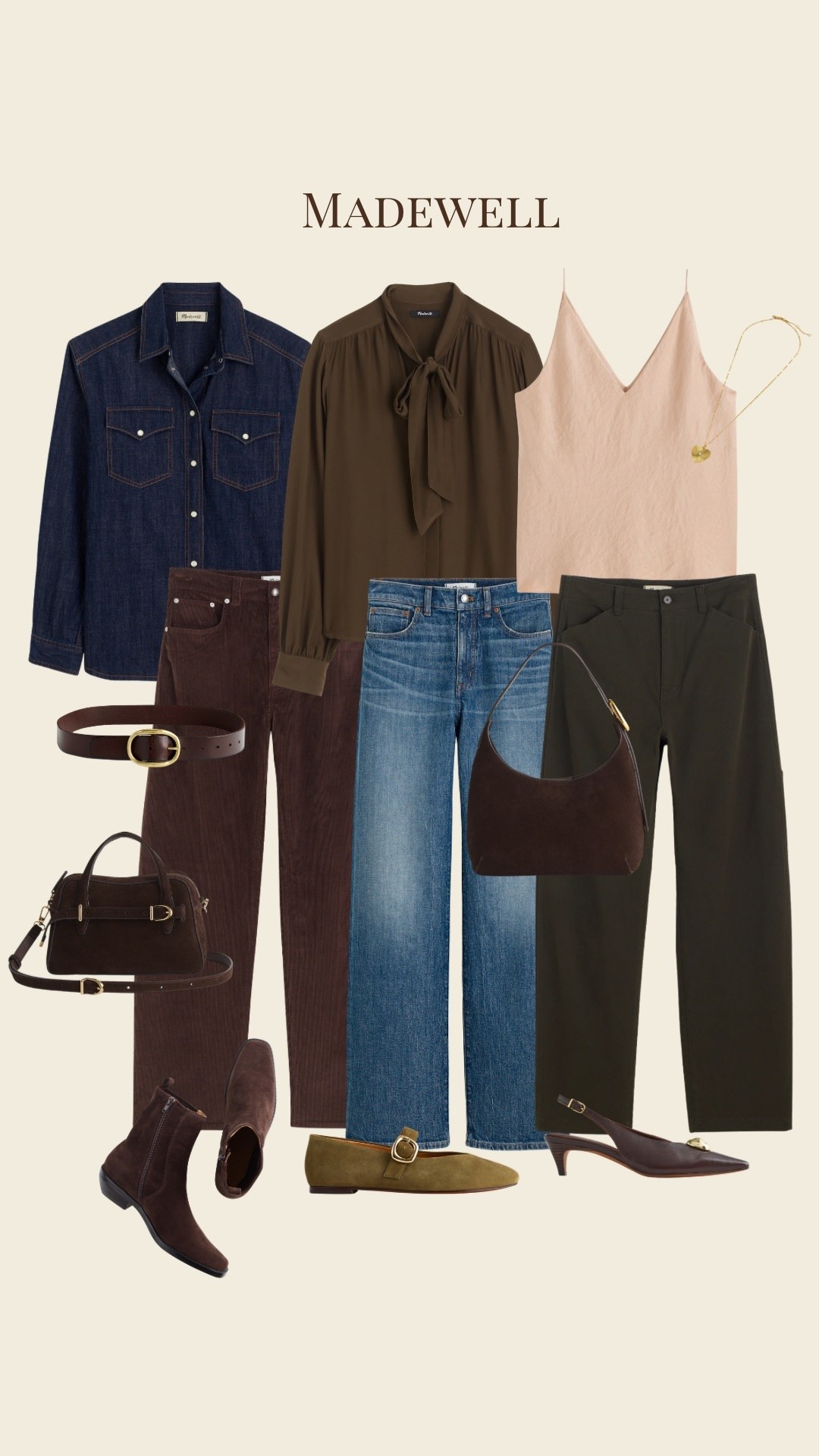Madewell fir autumns, fall, classic style, timeless, going out, elevated, workwear, olive green tie neck blouse, warm pink tank, denim button down, brown corduroy jeans, dark olive jeans, dark brown jeans, suede bag, suede belt, midsize, chestnut, rosewood, moss green, Mary Jane, side booties, barrel Jean

True autumn, dark autumn, soft autumn, HOC autumn, house of colour autumn

#LTKShoeCrush #LTKMidsize #LTKWorkwear