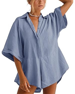 MINSURE Women One Piece Jumpsuit V-neck Half Button Collared Rompers Short Sleeve Onesie Playsuit... | Amazon (US)
