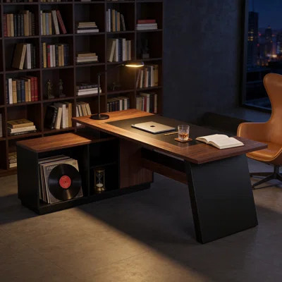 78.7" L-Shaped Home Office Desk with File Cabinet & Drawers – Dark Walnut + Black Modern Computer Workstation with Storage Shelves | Wayfair North America