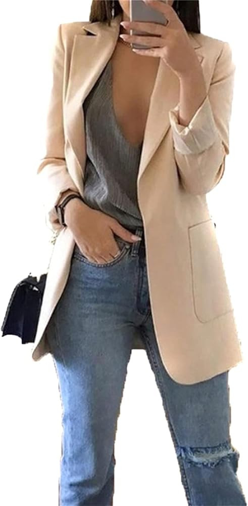 YMING Womens Solid Color Open Front Blazer Long Sleeve Office Jacket Work Cardigan with Pockets P... | Amazon (US)