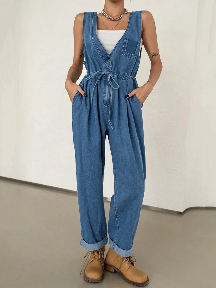 DAZY 1pc Plicated Detail Drawstring Waist Denim Overalls | SHEIN