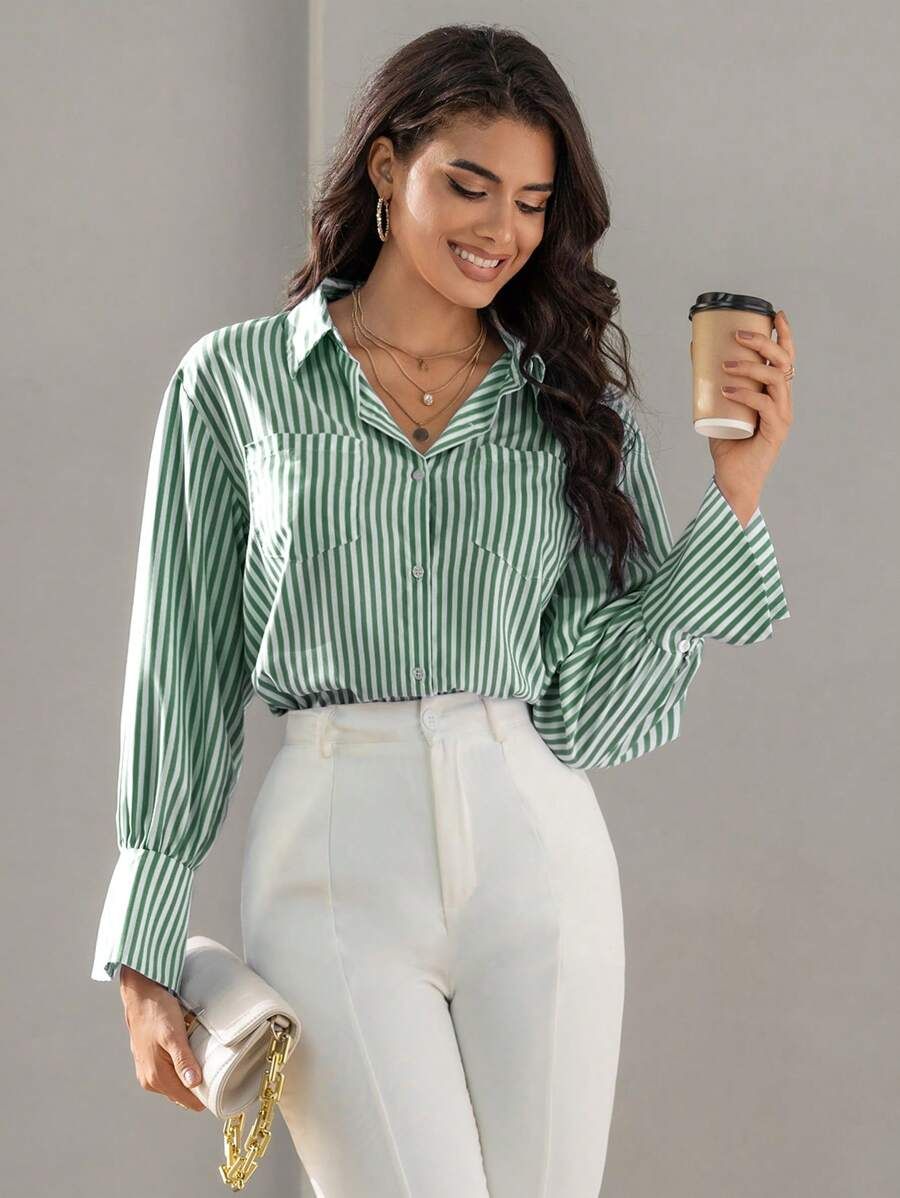 SHEIN BIZwear Striped Long Sleeve Shirt With Front Pocket | SHEIN