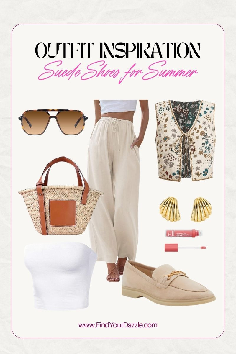 How to wear suede shoes in the summer. Pair with linen pants, straw bag, gold sea shell earrings, and sunglasses 

#LTKSeasonal #LTKPetite #LTKFindsUnder100
