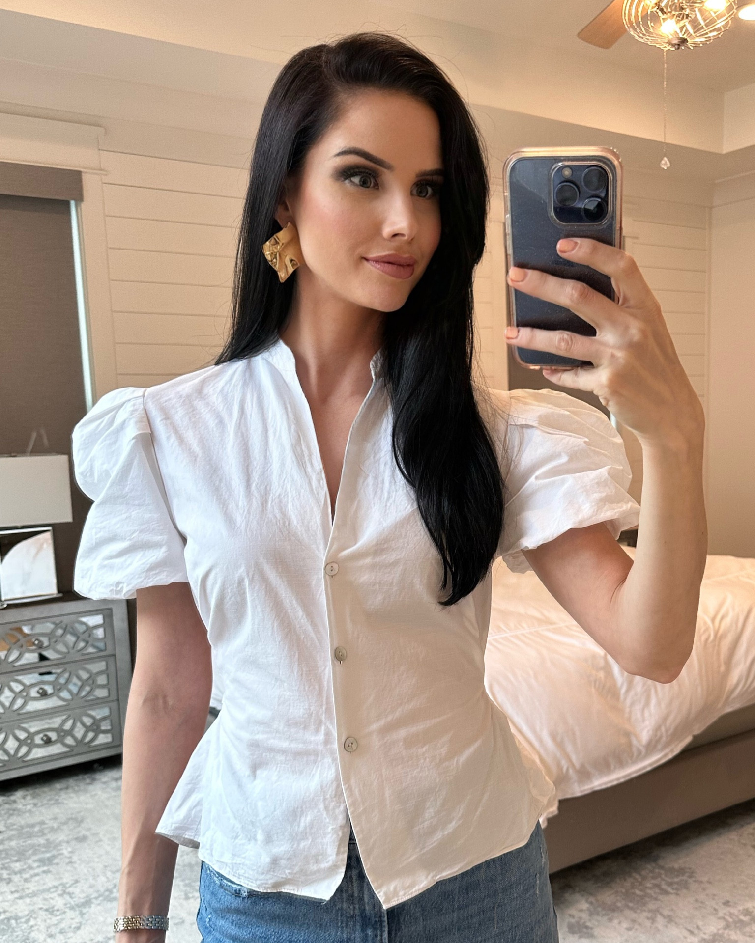 White button down, puff sleeves, blouse, casual outfit, work top, spring top, gold earrings

#LTKstyletip #LTKSeasonal #LTKFind