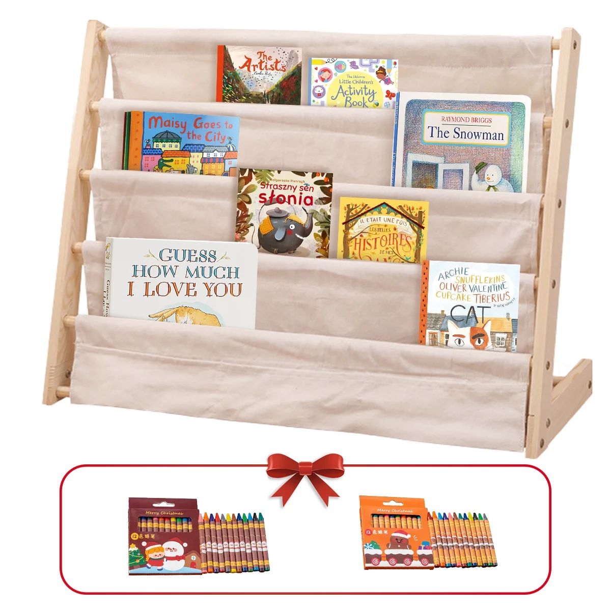 Olizee 4 Tier Kids Bookshelf, Wood and Canvas Sling Children Bookshelf Furniture for Kids – Bei... | Walmart (US)