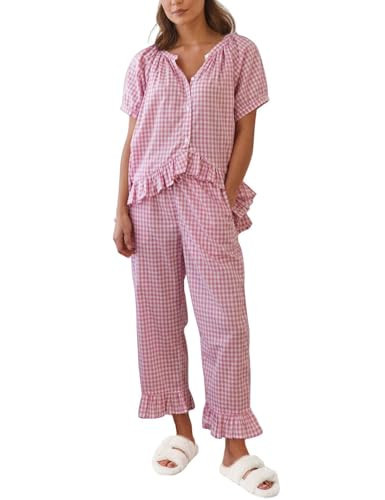 Gihuo Gingham Pajama Set for Women 2 Piece Plaid Cotton Button Down Top and Pants Pjs Ruffle Lounge set Sleepwear (Pink-M) | Amazon (US)
