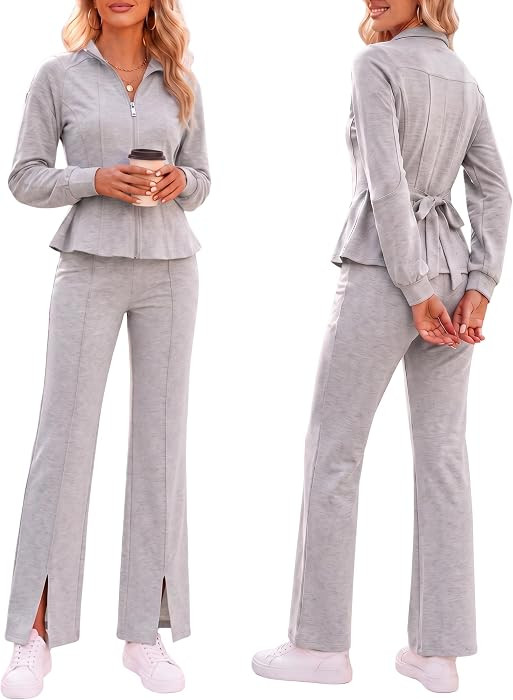Women's 2 Piece Set, Peplum Zip Jacket with Wide Leg Pants Casual Outfit | Amazon (US)