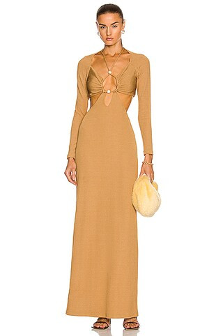 PatBO Long Sleeve Knit Maxi Dress in Camel | FWRD | FWRD 