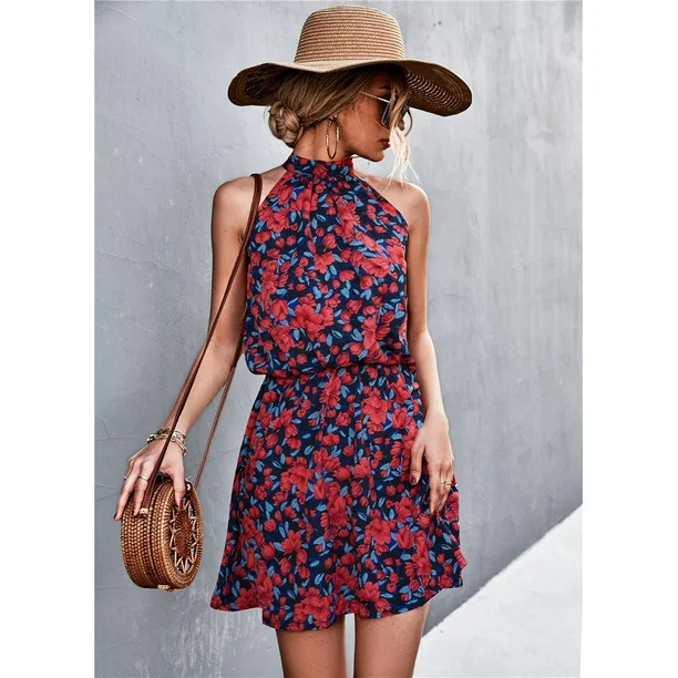 QINCAO Dresses for Women Halter Neck Chiffon Skirt Sleeveless Floral Print Sun Flowy Summer Short... | Walmart (US)