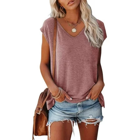 Spencer Womens Cap Sleeve Blouses T-Shirt V Neck Casual Loose Fit Basic Shirts Tank Tops Summer Tee (M Pink) | Walmart (US)
