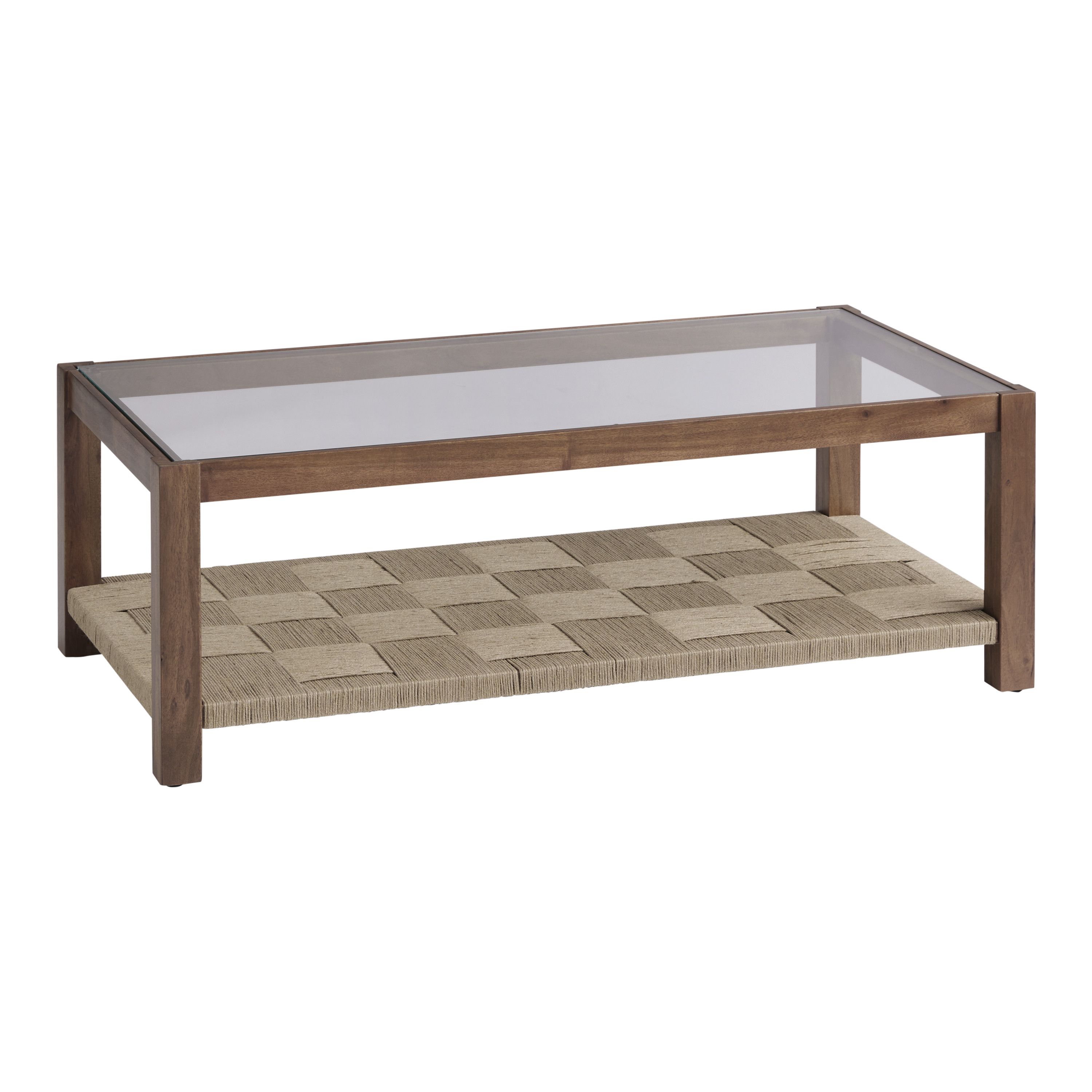 Lincoln Wood and Jute Glass Top Coffee Table with Shelf | World Market