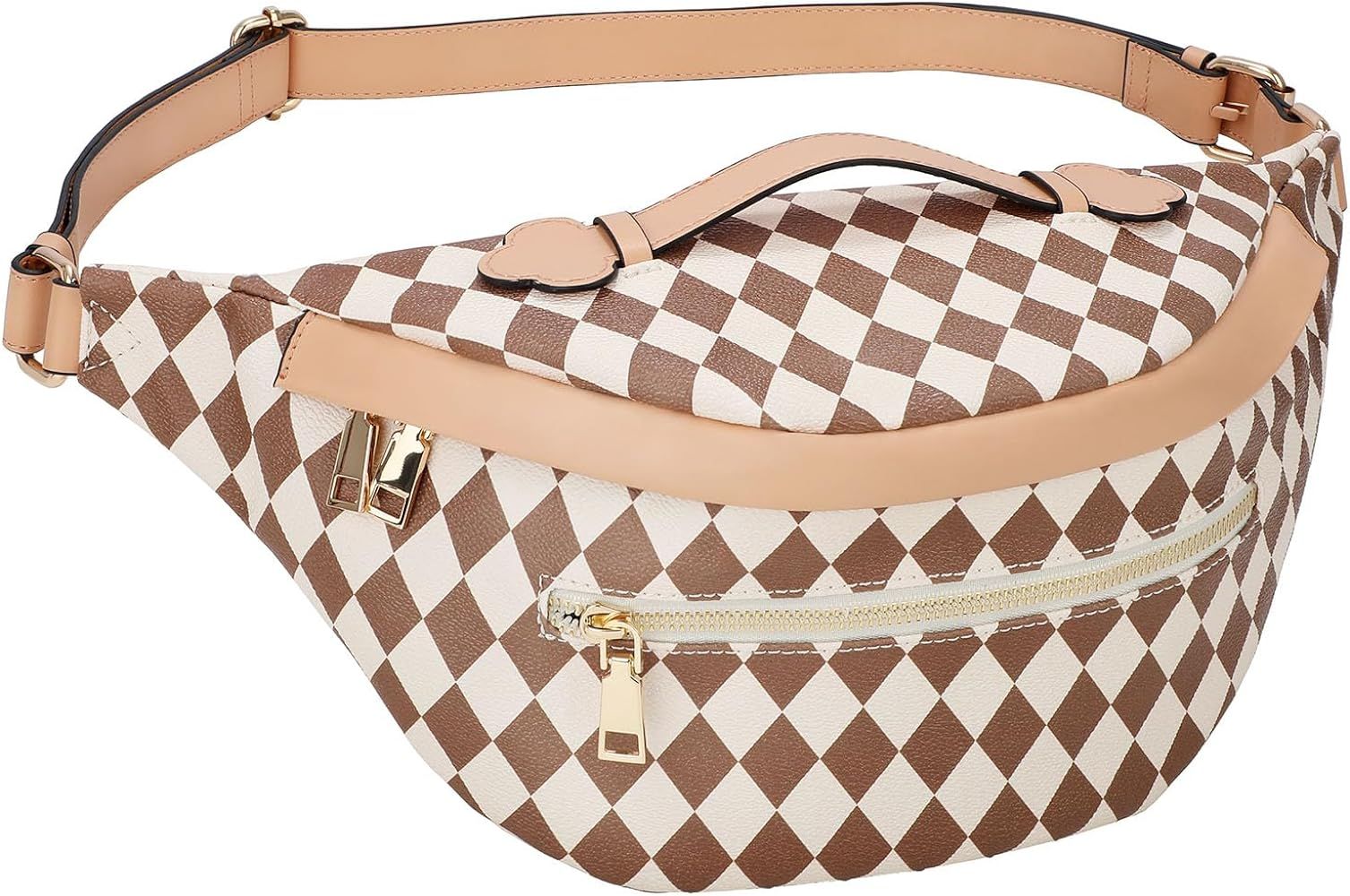 JKEEMI Beige Brown Fanny Pack for Women Leather Stylish Checkered Sling Bag Gift for Females Birt... | Amazon (US)