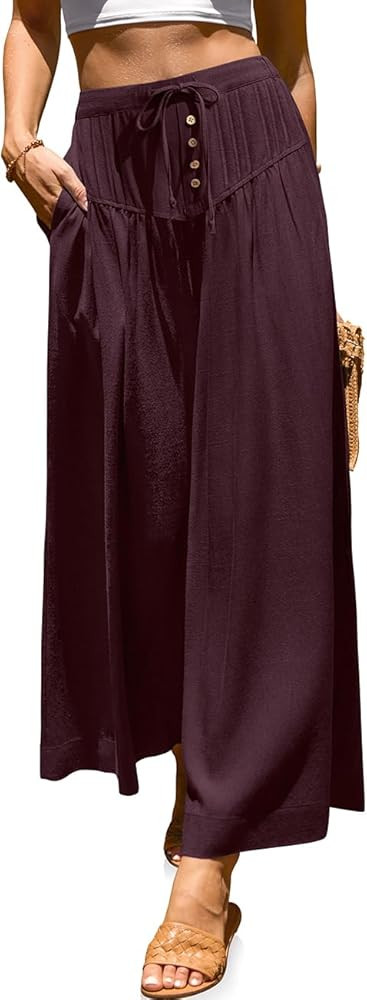 TARSE Women Linen Wide Leg Pants Palazzo High Waisted Boho Loose Casual Lounge Pant Beach Travel ... | Amazon (US)