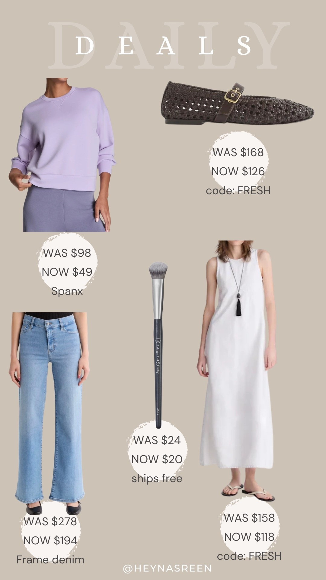 Daily deals on Spanx sweatshirt, Madewell flats, Madewell dress, BK Beauty brush, Frame denim 