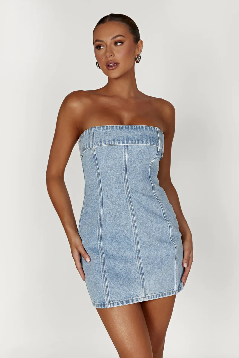 Teddi Denim Mini Dress - Mid Blue | MESHKI US